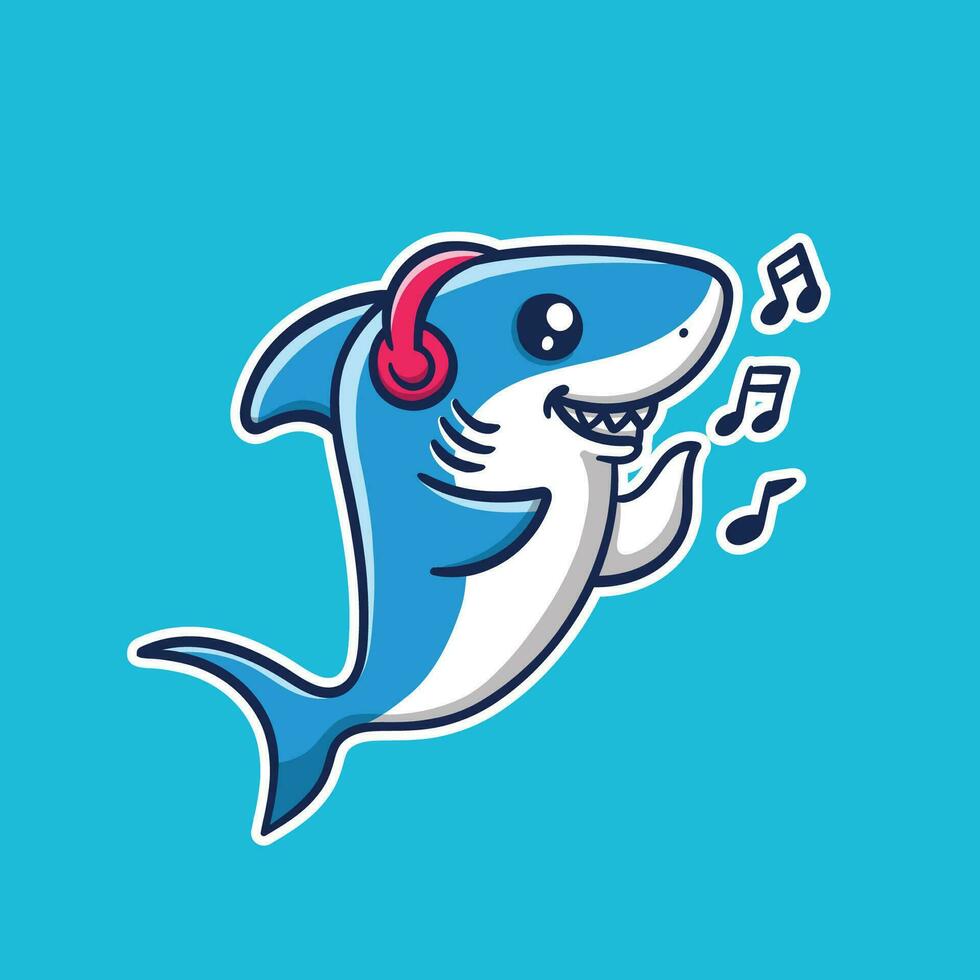 vecteur illustration de mignonne requin écoute la musique sur bleu Contexte bien pour autocollant ou mascotte