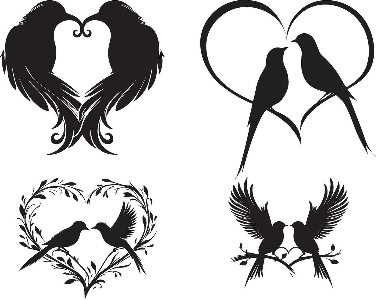 collection de esquisser silhouettes couple de une mignonne des oiseaux dans noir cœur forme pour aimant sur Valentin journée vecteur