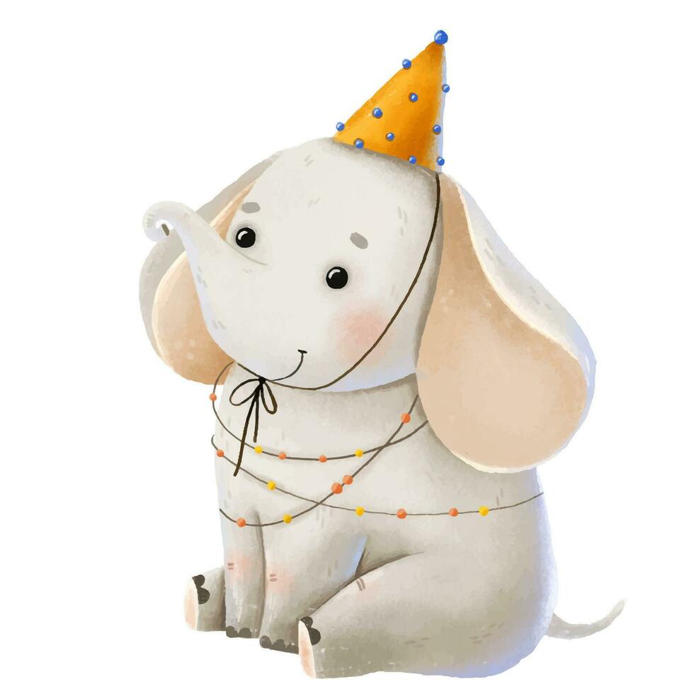 une mignonne cirque l'éléphant est assis dans une pitre casquette. mignonne récit personnage, enfants main tiré illustration vecteur