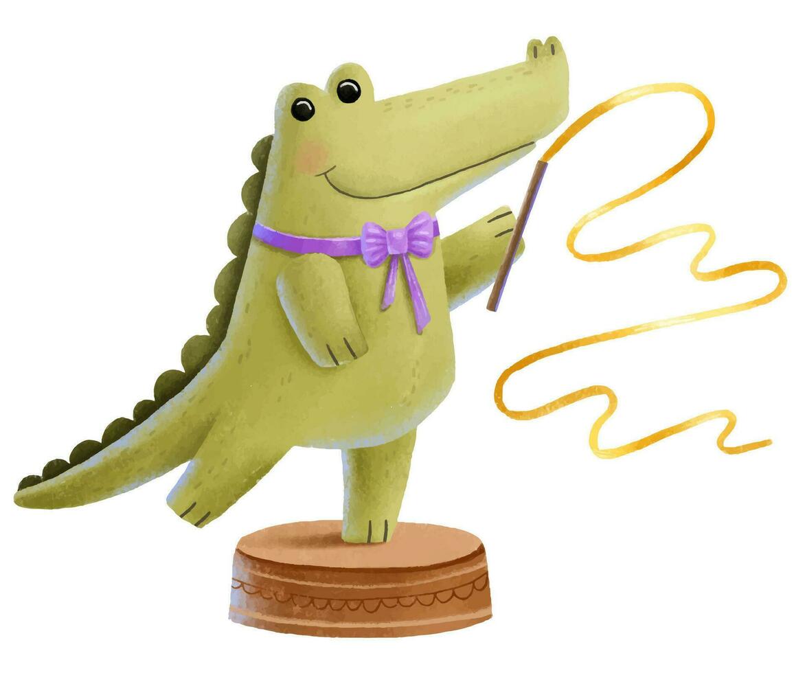 une brillant vert crocodile avec une rose arc des stands dans le cirque arène avec une gymnastique Jaune ruban. crocodile gymnaste effectue une la magie montrer. enfants Fée conte illustration vecteur