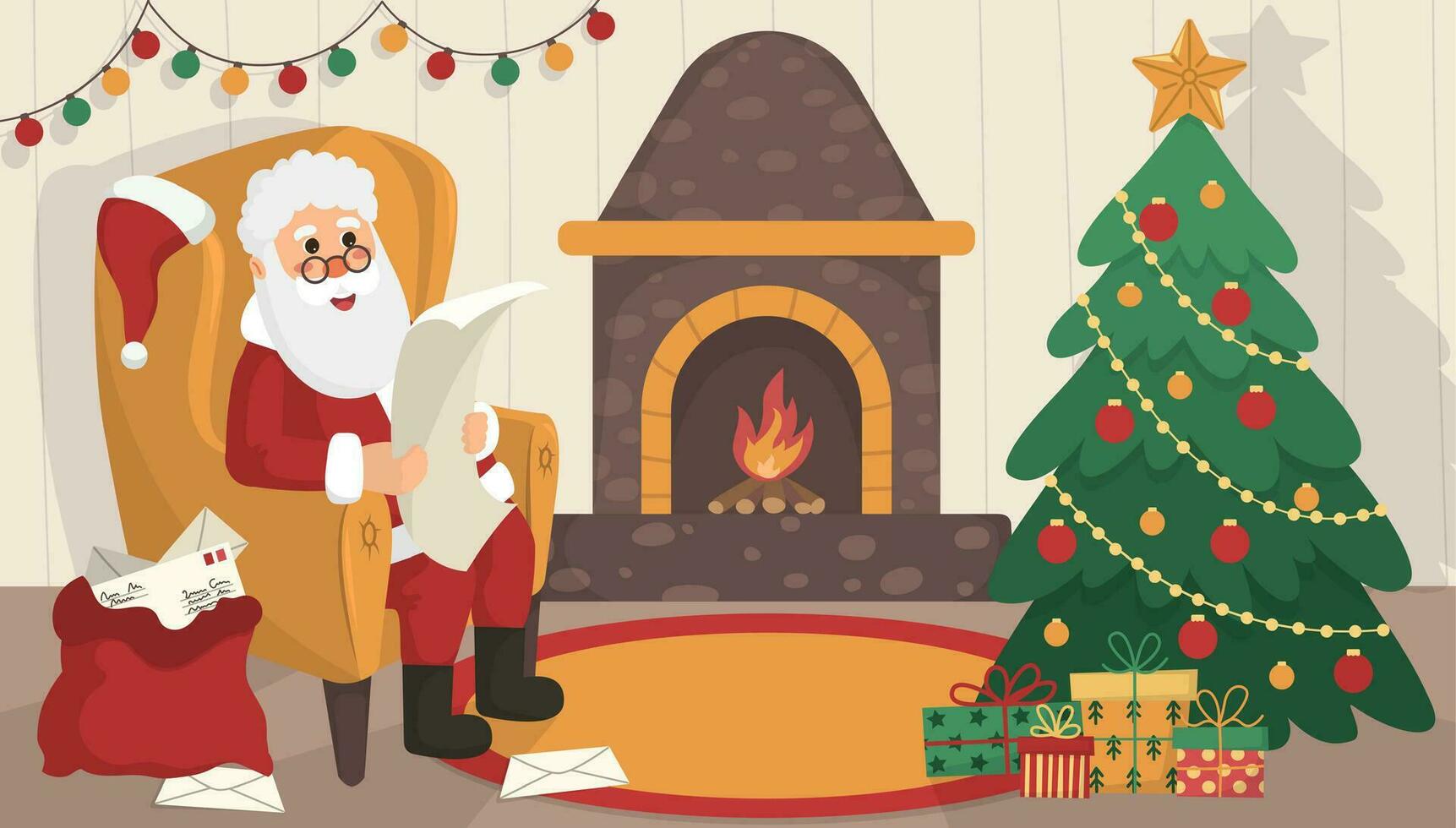 bannière Noël vivant pièce intérieur avec Noël arbre, cheminée, guirlande, tapis, cadeau des boites. Père Noël claus est assis dans fauteuil et lit lettre ou souhait liste. plat dessin animé vecteur illustration.