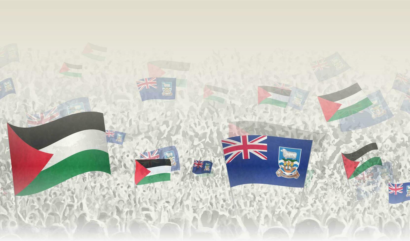 Palestine et Falkland îles drapeaux dans une foule de applaudissement personnes. vecteur
