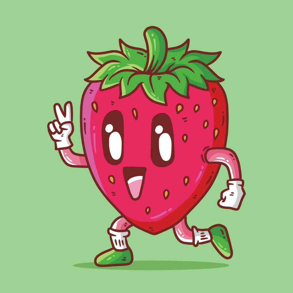 mignonne content fraise fruit fonctionnement mascotte personnage vecteur dessin animé illustration. fraise vecteur dessin animé illustration