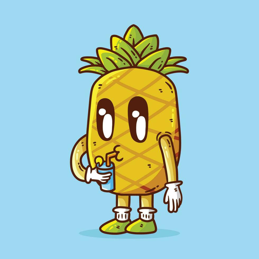 mignonne content ananas fruit boisson Frais jus mascotte personnage vecteur dessin animé illustration. ananas vecteur dessin animé illustration