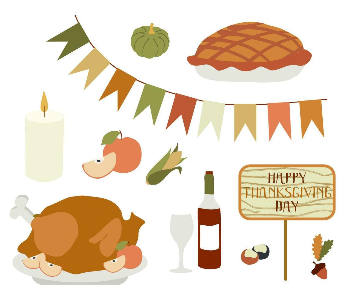 ensemble pour action de grâces journée. fête dîner vecteur illustration. traditionnel symboles de l'automne vacances sur une blanc Contexte. saisonnier plat Turquie, tarte, vin, drapeaux guirlande, des fruits et tomber feuilles.