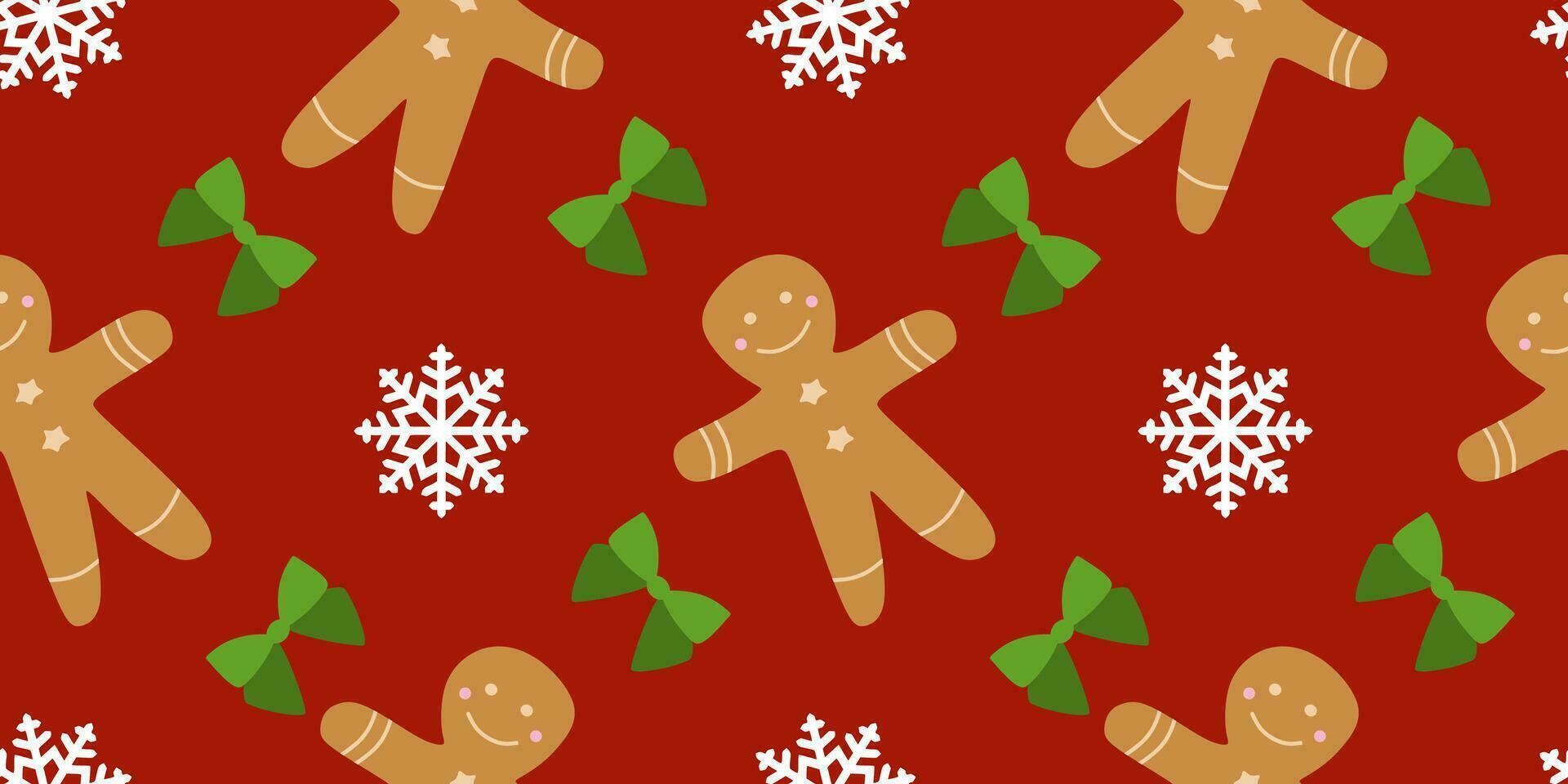 Noël sans couture modèle avec pain d'épice Hommes sur rouge Contexte avec flocons de neige et vert arcs. vacances décoration, textile modèle, emballage papier, fond d'écran, serviettes. Nouveau année biscuits, dessert vecteur