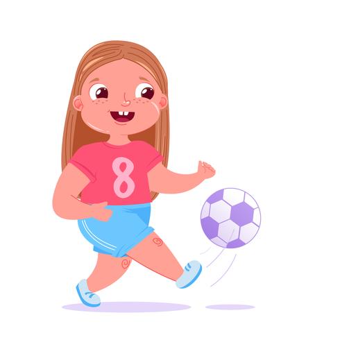 Mignonne petite fille jouant au football à l&#39;extérieur sur l&#39;herbe avec un ballon de foot. Uniforme moderne de l&#39;équipe du joueur. Activités saines. Illustration de dessin animé de vecteur