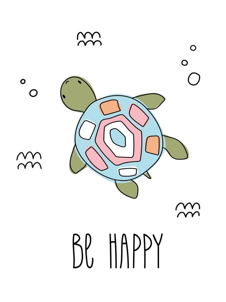 tortue mignonne isolée avec doodle mer océan texte dessiné à la main soyez heureux vecteur