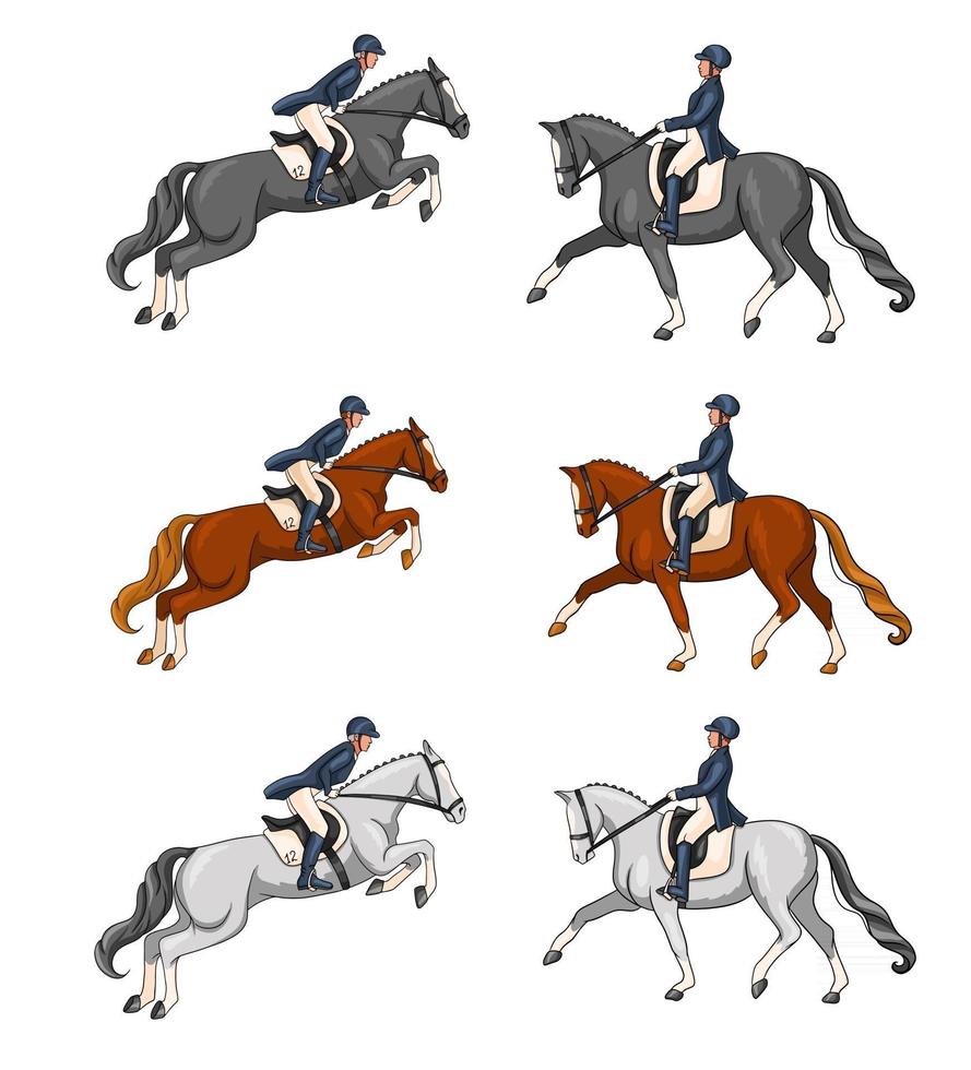 équitation, femme, équitation, cheval dressage, dans, dessin animé, style vecteur