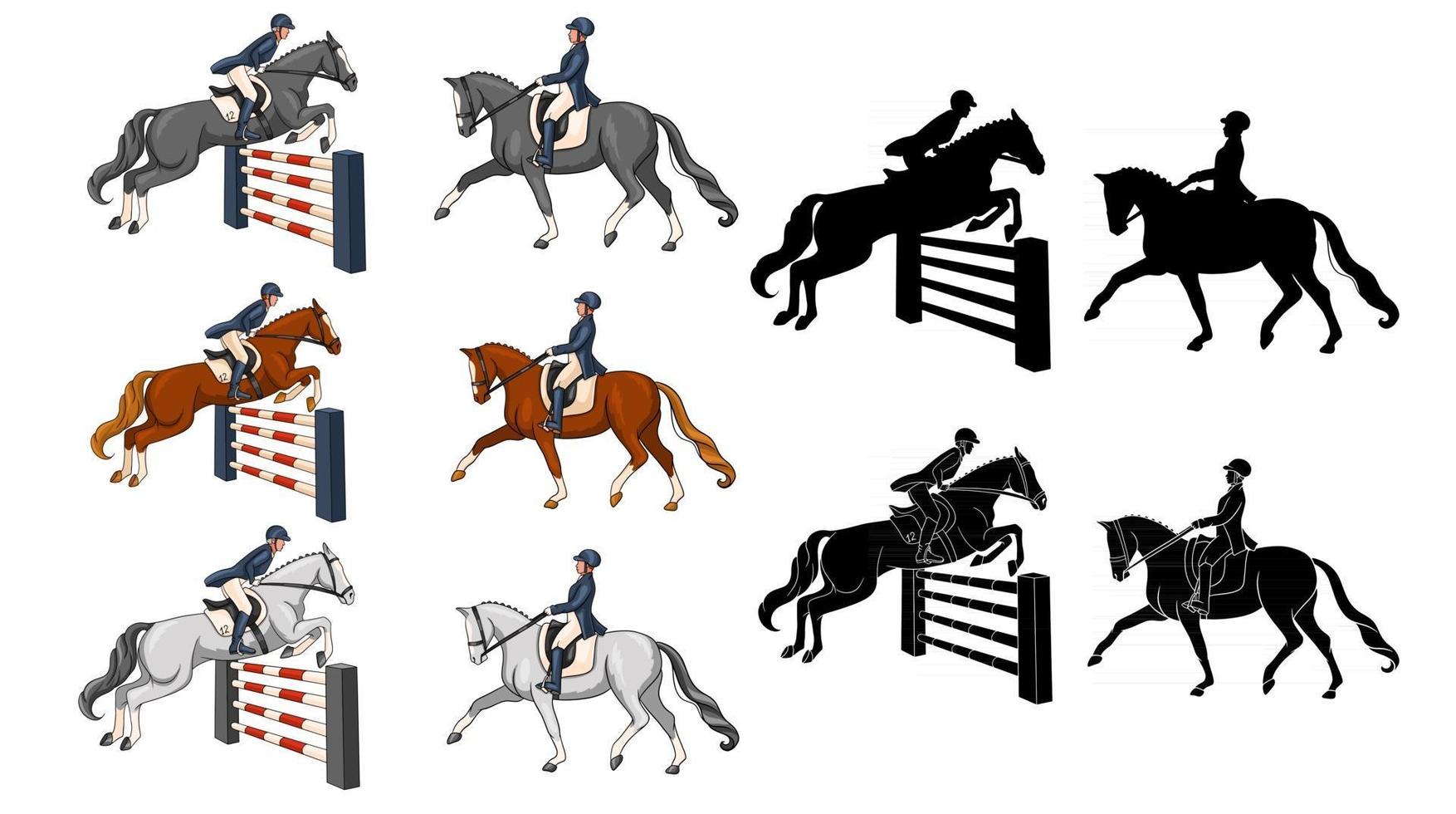 équitation, femme, équitation, cheval dressage, dans, dessin animé, style vecteur