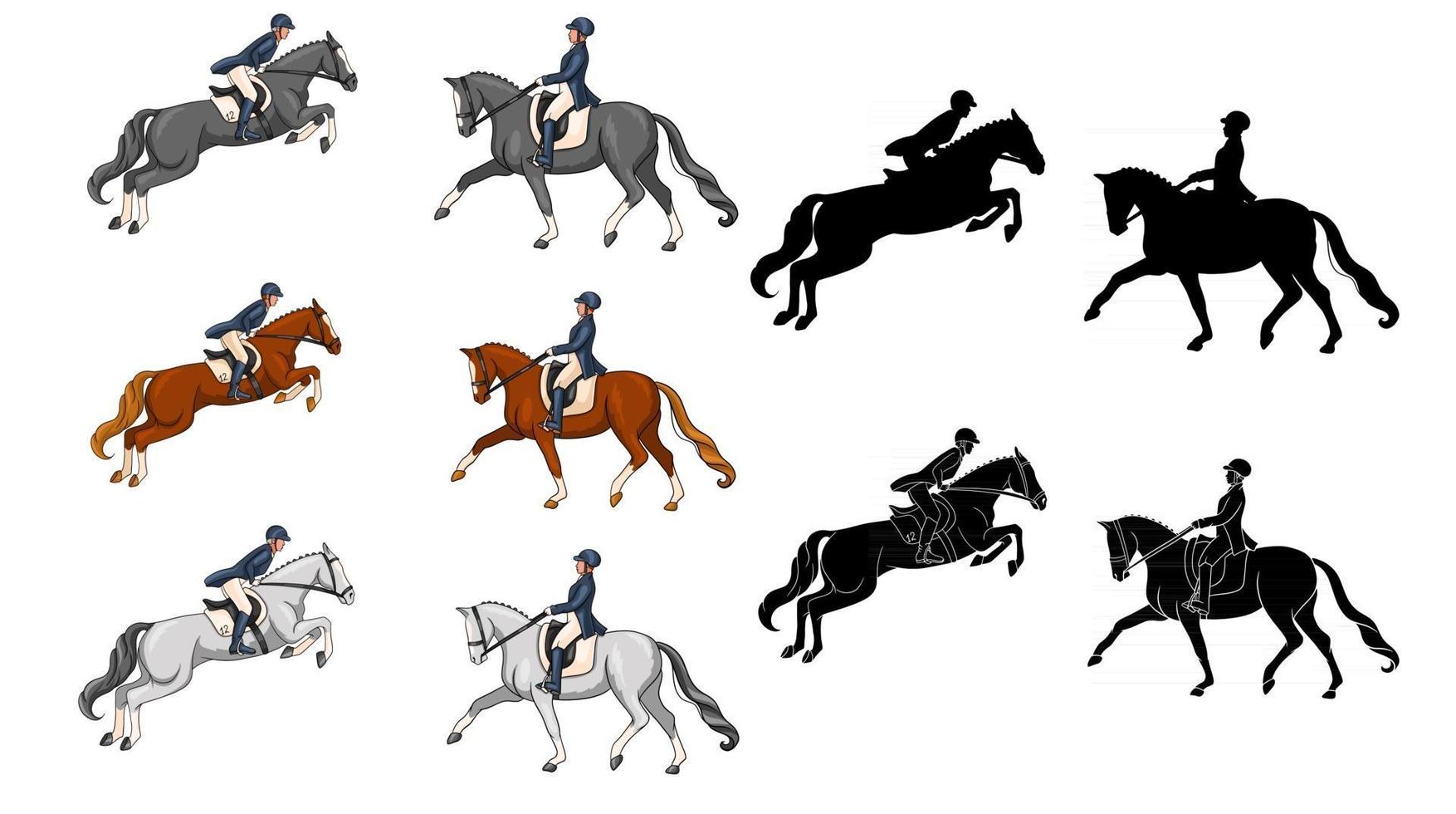 équitation, femme, équitation, cheval dressage, dans, dessin animé, style vecteur