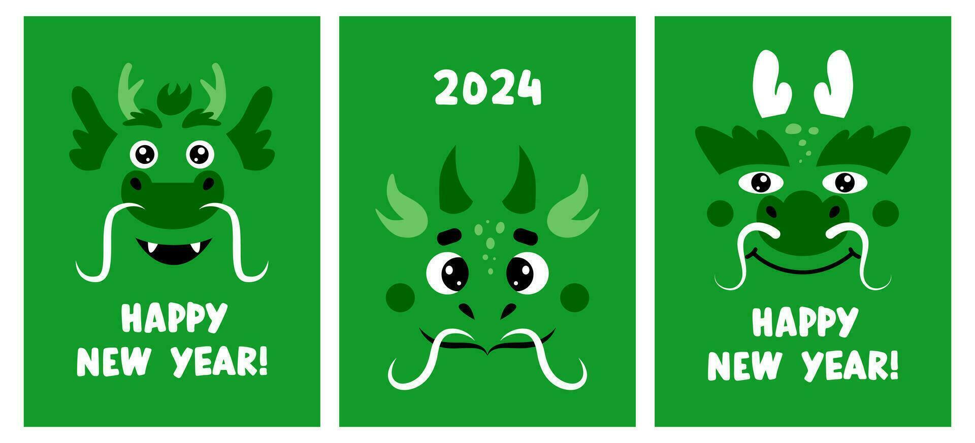 une ensemble de cartes postales content Nouveau année 2024 chinois année de le vert dragon. mignonne marrant dessin animé dragon. vecteur