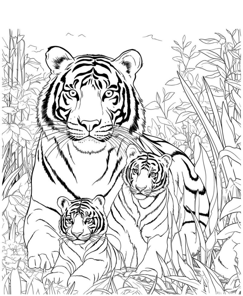 tigre maman et bébé chasse jungle coloration page vecteur