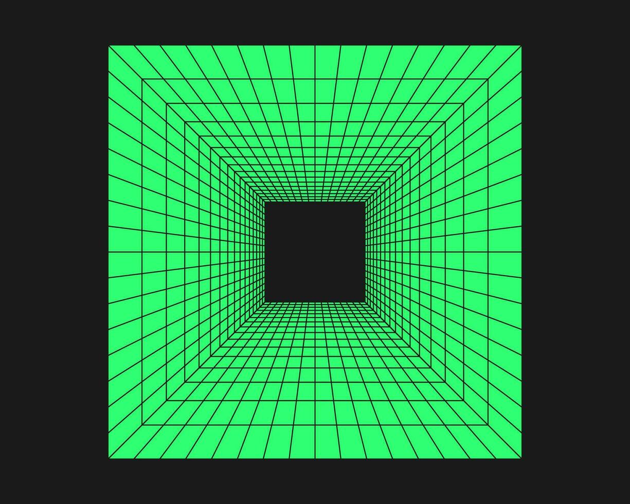 cyber grille, rétro punk la perspective rectangulaire tunnel. la grille géométrie tunnel, y2k élément style sur noir Contexte. vecteur branché illustration.