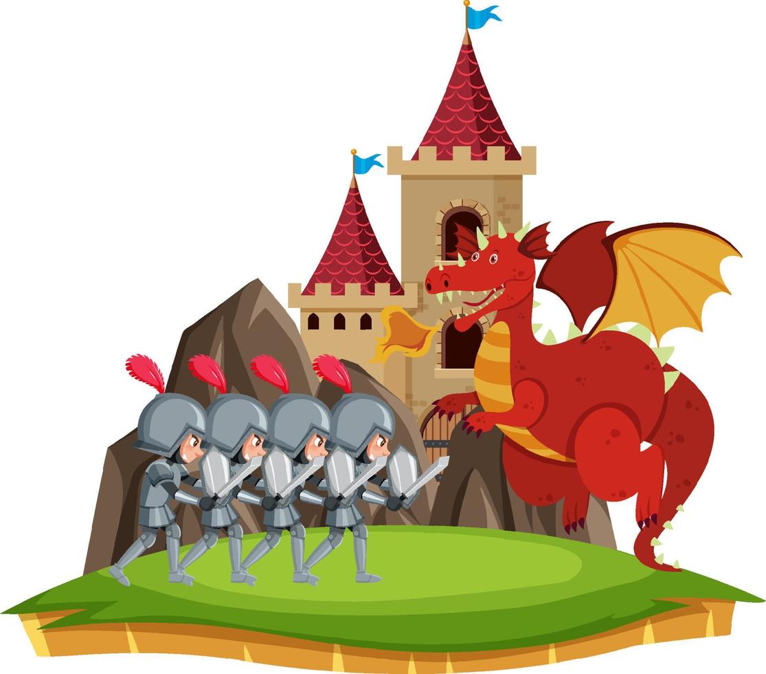 les chevaliers se battent avec le dragon au château vecteur