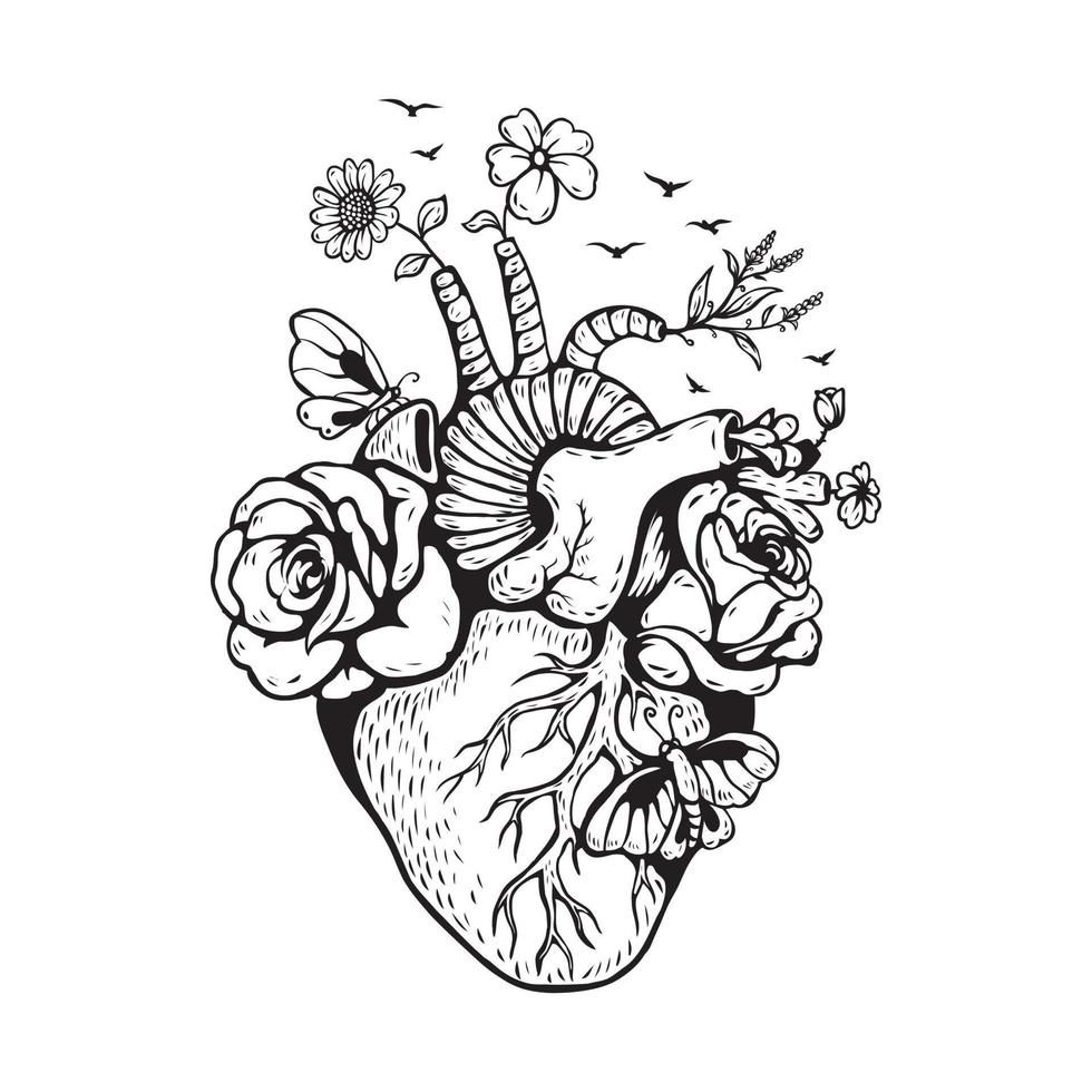 illustration coeur anatomique avec fleur vecteur