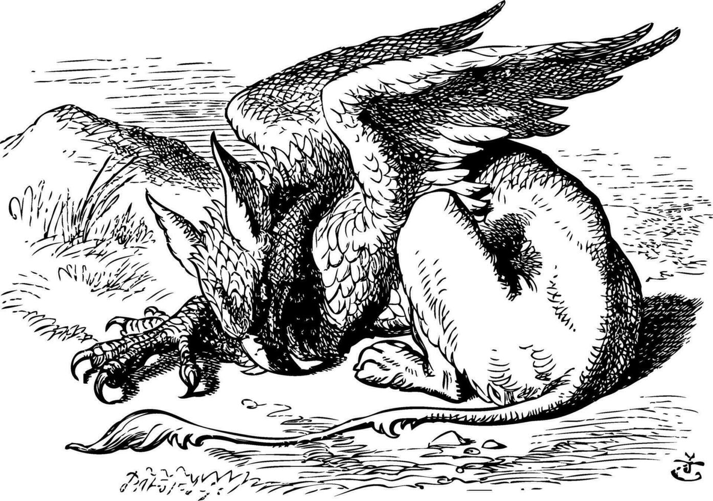 le en train de dormir griffon - Alice dans pays des merveilles original ancien gravure. vecteur