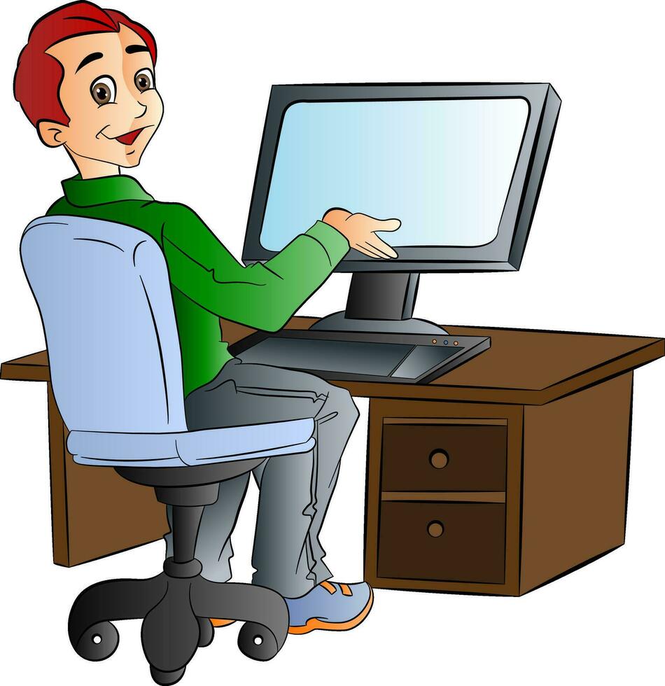 homme en utilisant une bureau ordinateur, illustration vecteur
