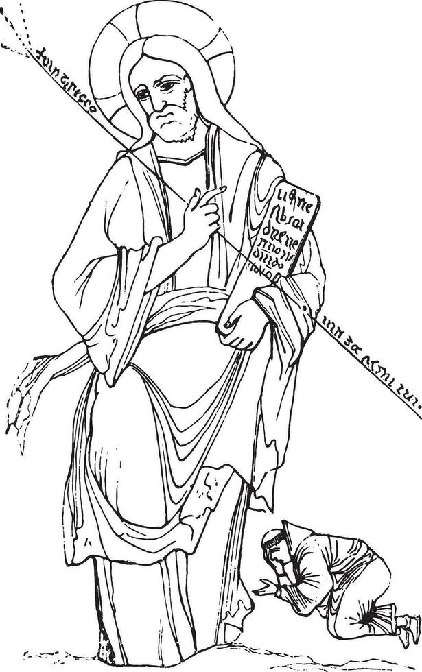 Saint Dunstan dans les genoux de Jésus Christ, ancien gravure. vecteur