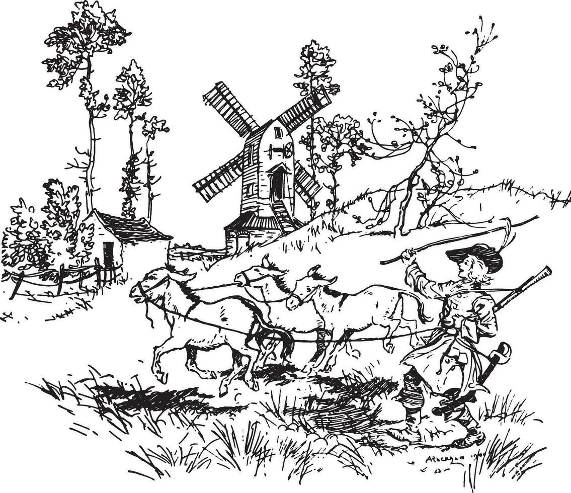 il lié leur tout ensemble et a conduit leur le long de jusqu'à il venu à une moulin, ancien gravure. vecteur