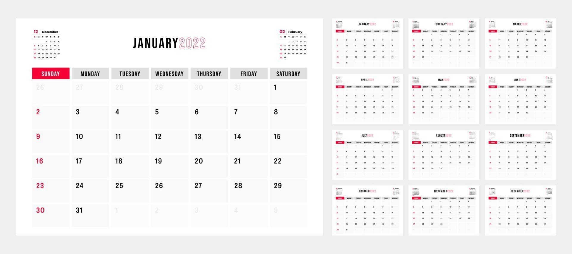 calendrier 2022, 12 mois dans un style simple et minimaliste. vecteur