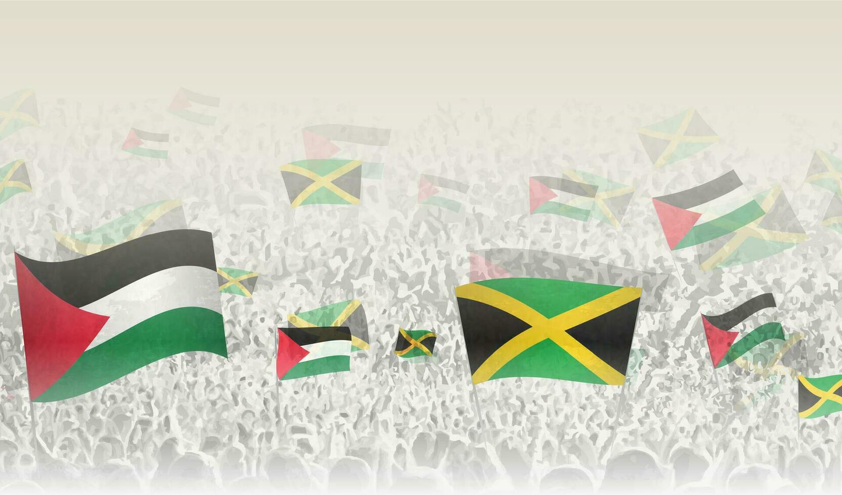 Palestine et Jamaïque drapeaux dans une foule de applaudissement personnes. vecteur