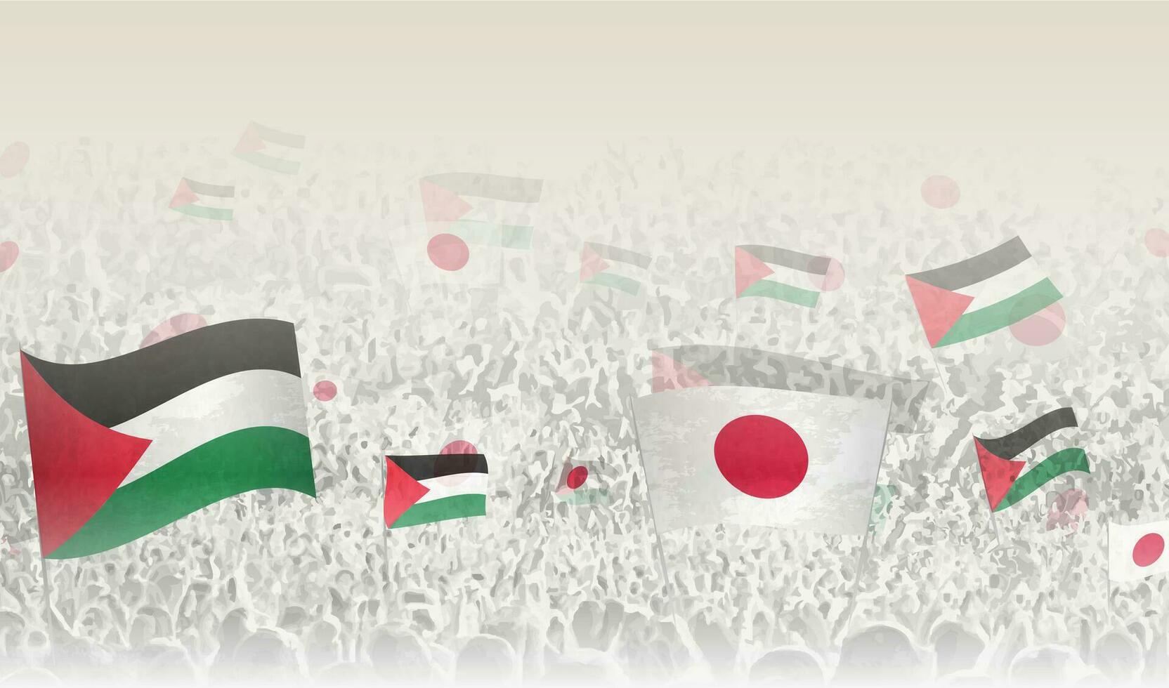 Palestine et Japon drapeaux dans une foule de applaudissement personnes. vecteur