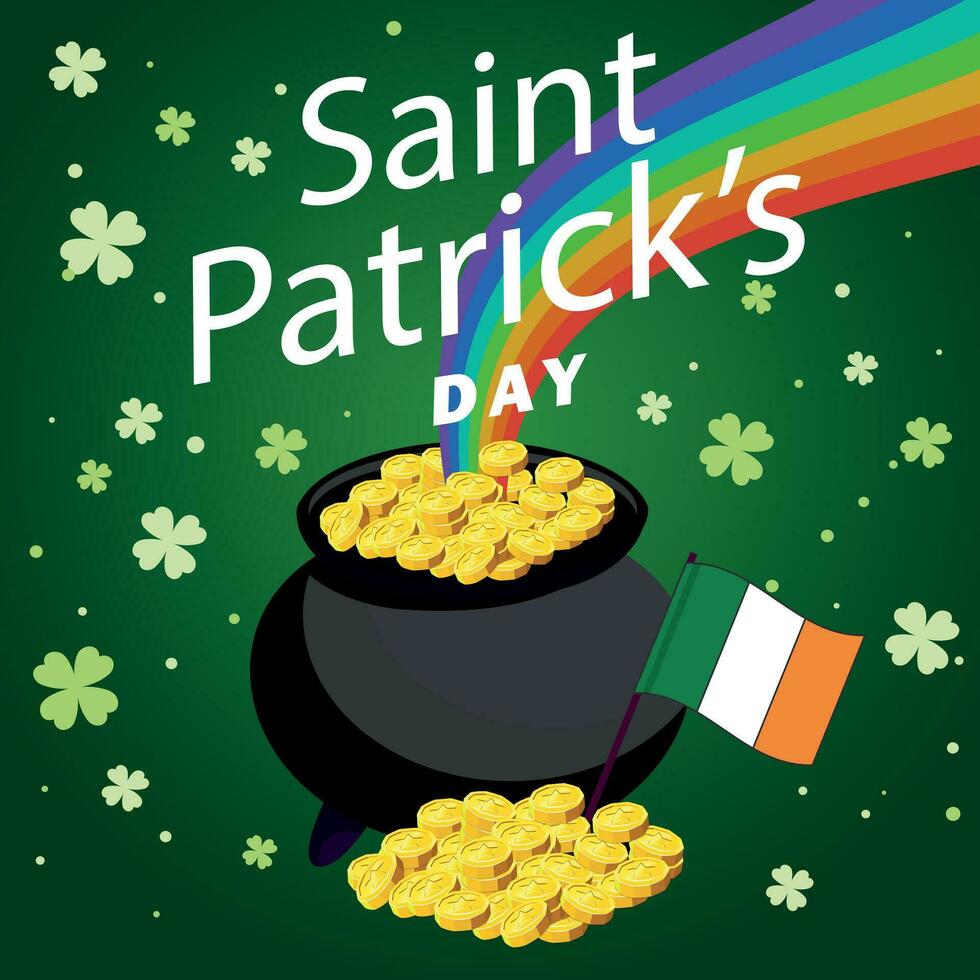 Saint Patrick journée. dessin animé lutin pot supporter sur or pile avec Haut chapeau, tambouriner, arc en ciel et caractères sur vert Contexte avec feux d'artifice. Irlande Saint patrick fête invitation vecteur