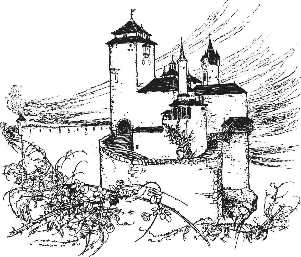 mais rond le Château une haie de bruyère des roses a commencé à grandir en haut, ancien gravure. vecteur