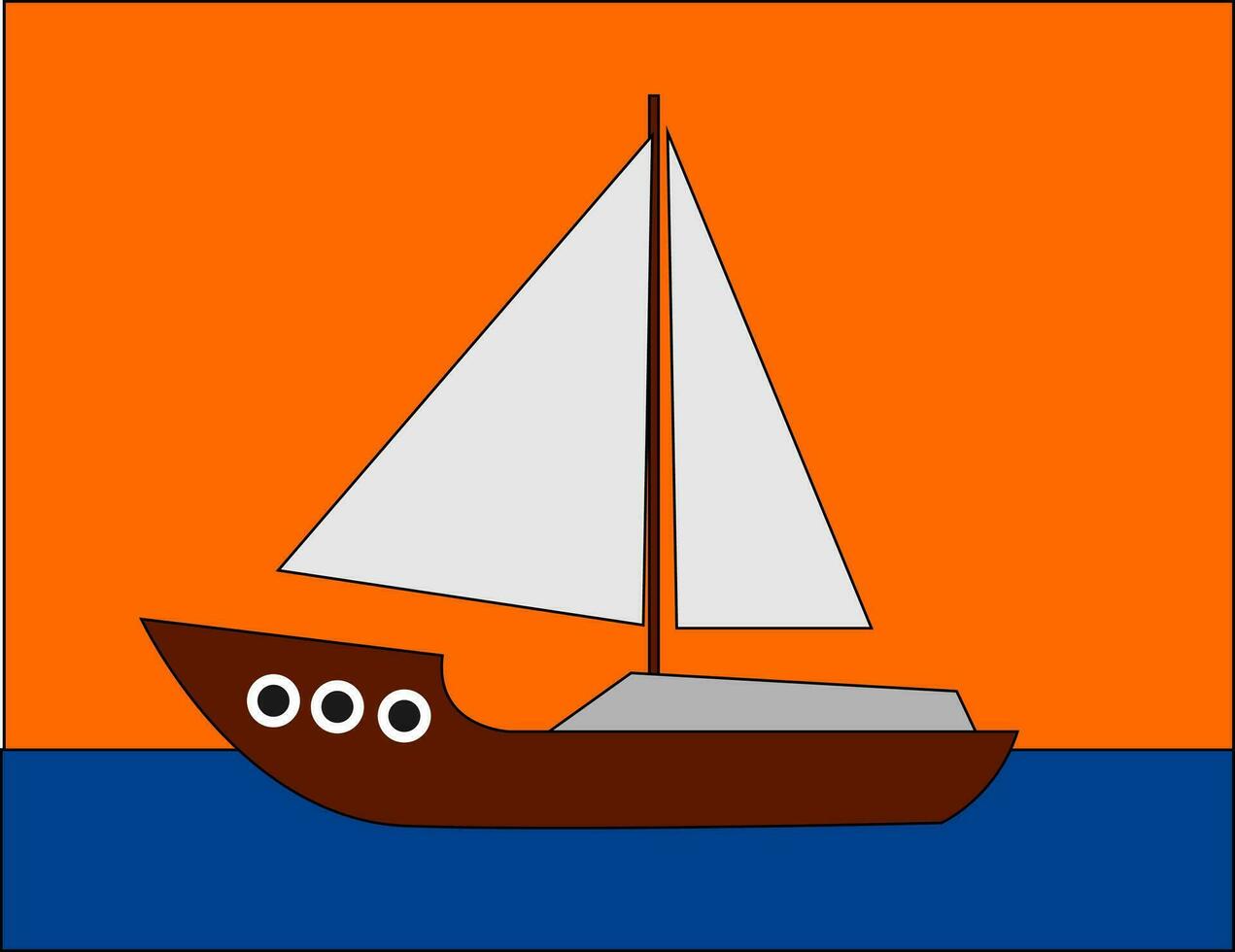 portrait de une bateau voile à travers le mer plus de un Orange Contexte vecteur ou Couleur illustration