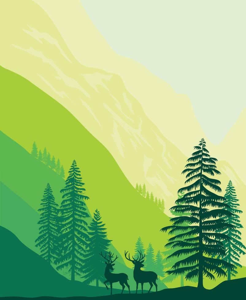 paysage de montagnes avec illustration de forêt et de pin et de cerf vecteur