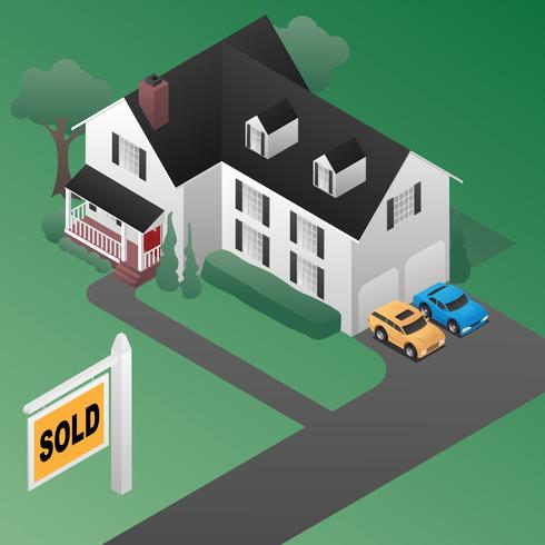 Immobilier vendu signe avec maison isométrique Style 3d Illustration vectorielle vecteur