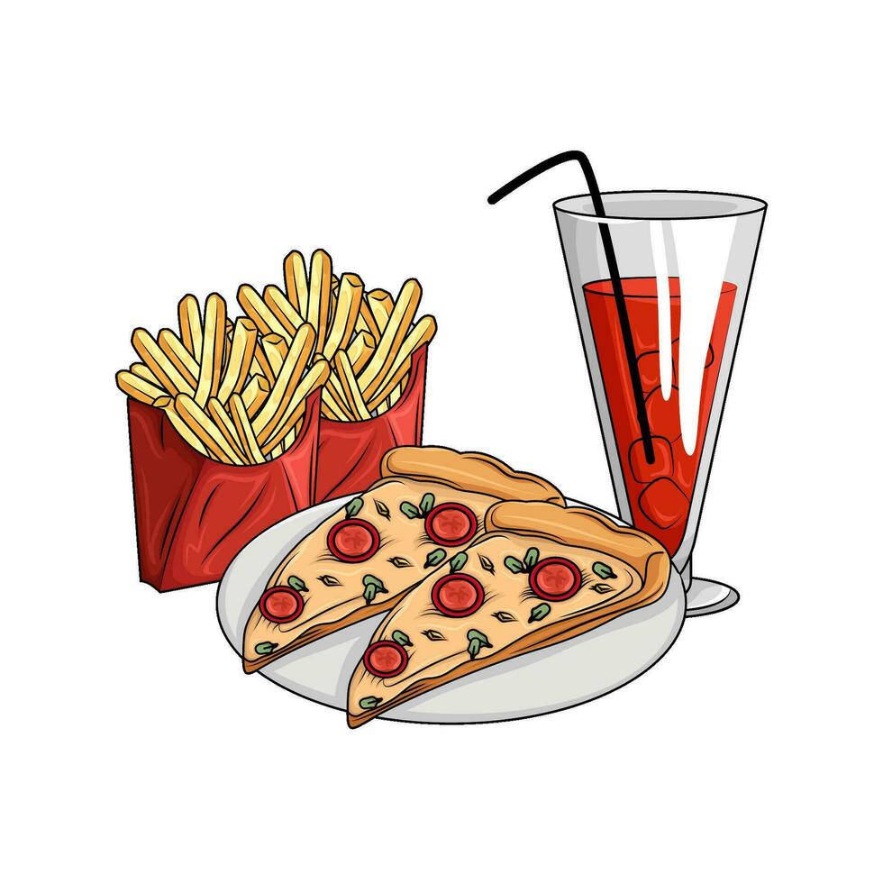 Pizza pepperoni dans plaque, français frites avec boisson illustration vecteur