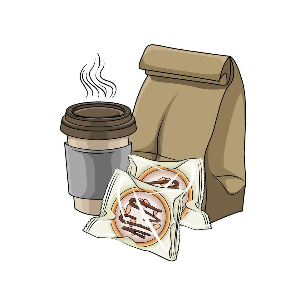 Donut dans Plastique, emballer, tasse boisson illustration vecteur