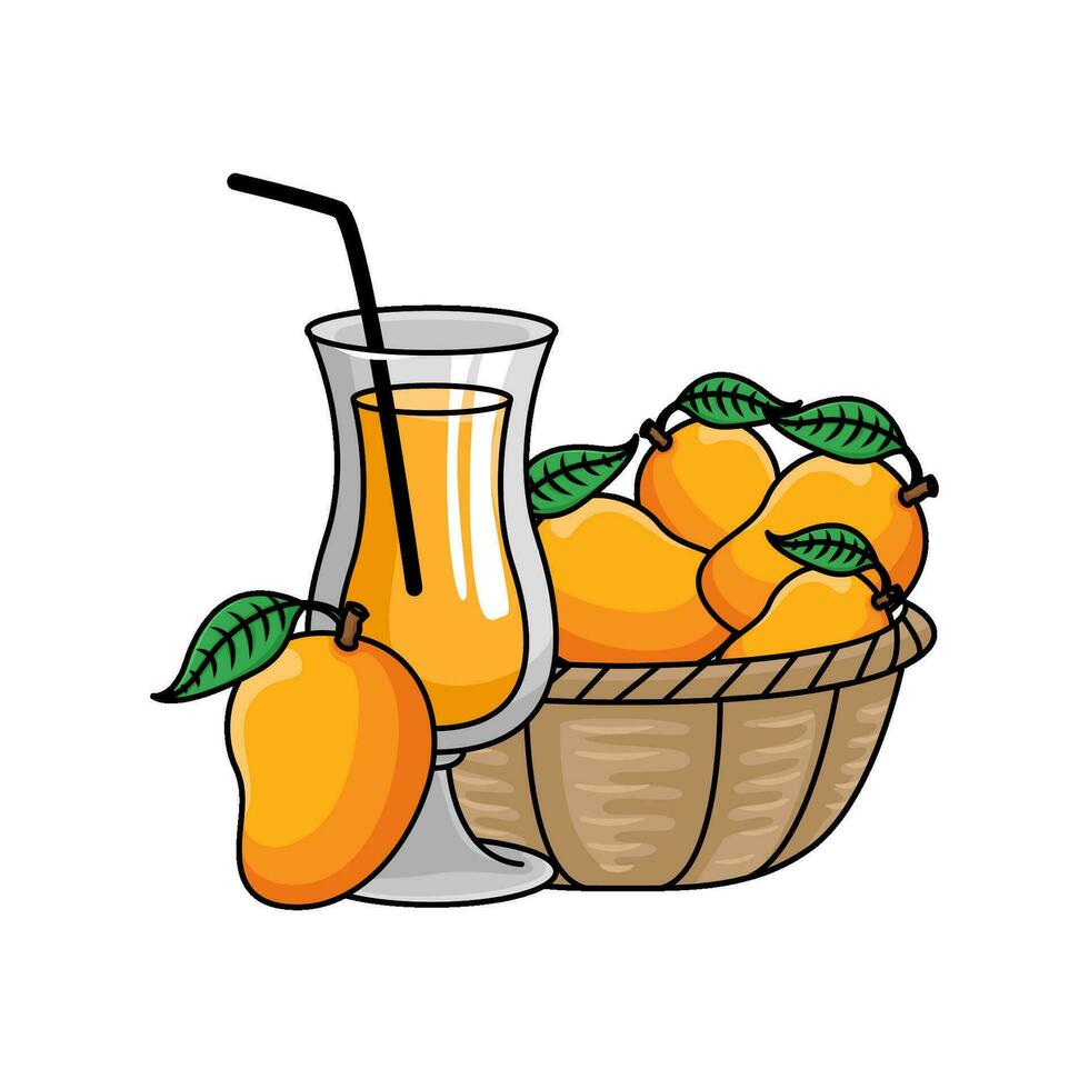 mangue fruit dans panier avec jus mangue illustration vecteur