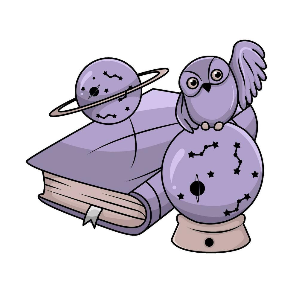 la magie livre, cristal balle, hibou avec planète illustration vecteur