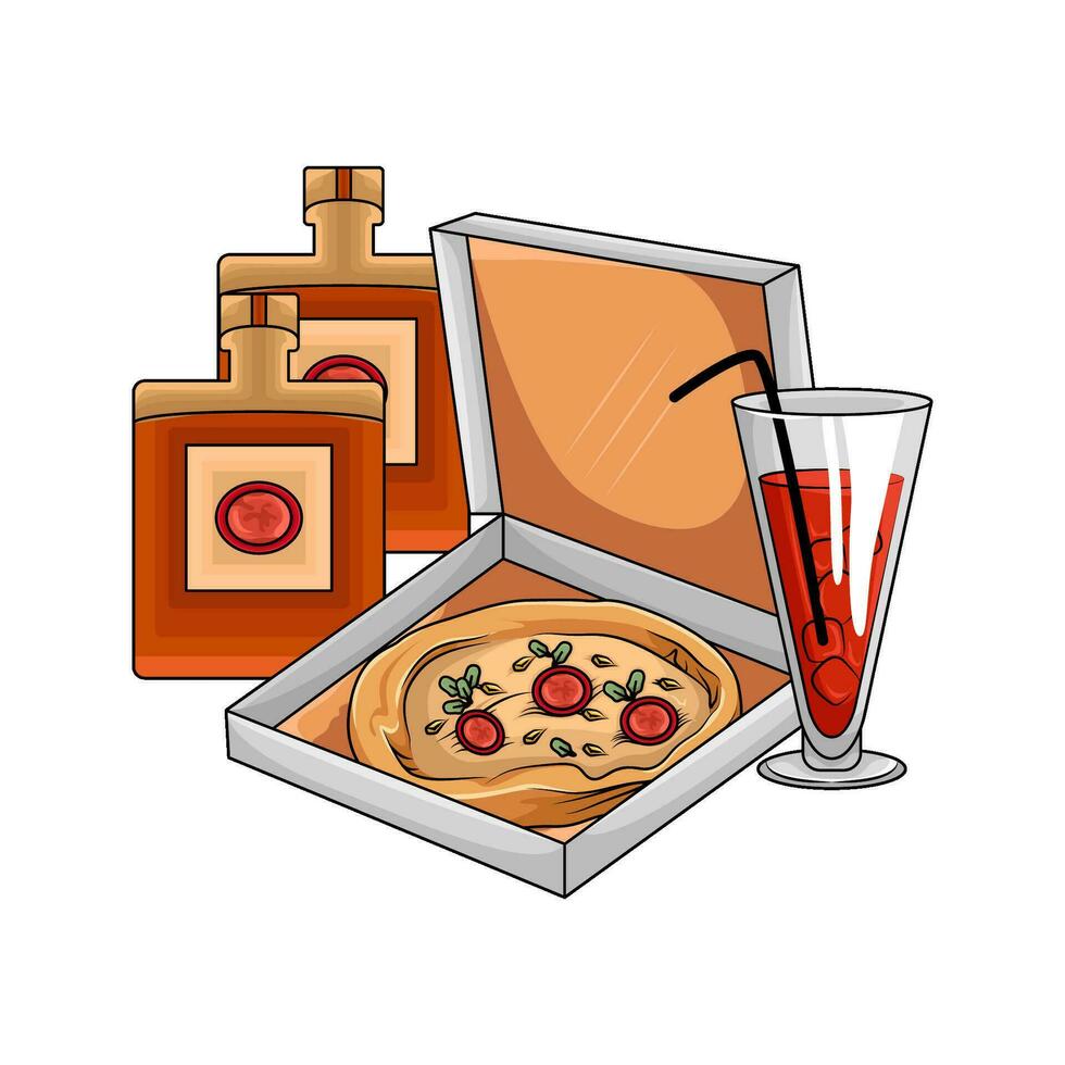 Pizza pepperoni, boisson avec bouteille sauce illustration vecteur