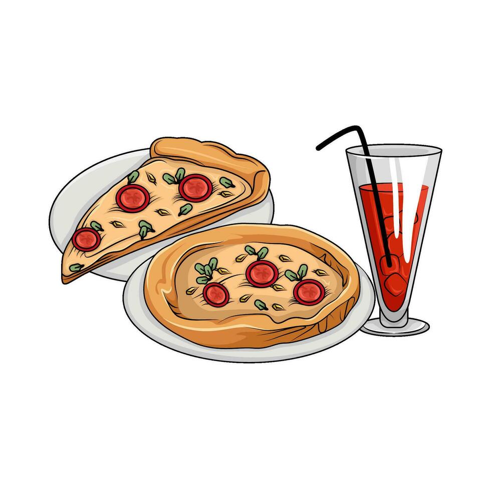 Pizza pepperoni dans assiette avec boisson illustration vecteur