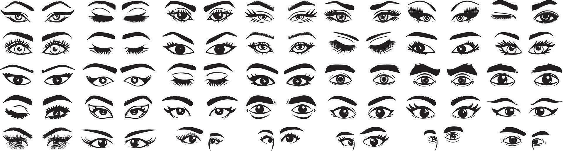 ensemble de différent Humain yeux silhouette. œil formes avec cil. main tiré sourcil vecteur illustration