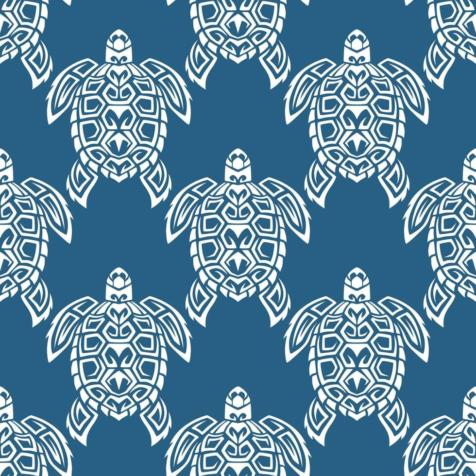 modèle sans couture avec des tortues de mer. La vie marine. motif maori. arrière-plan élégant. Bleu et blanc. vecteur