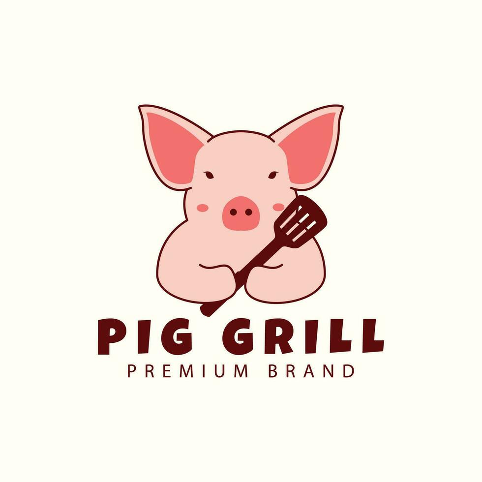 mignonne porc dessin animé logo avec spatule barbecue cuisine vecteur icône symbole illustration conception animaux