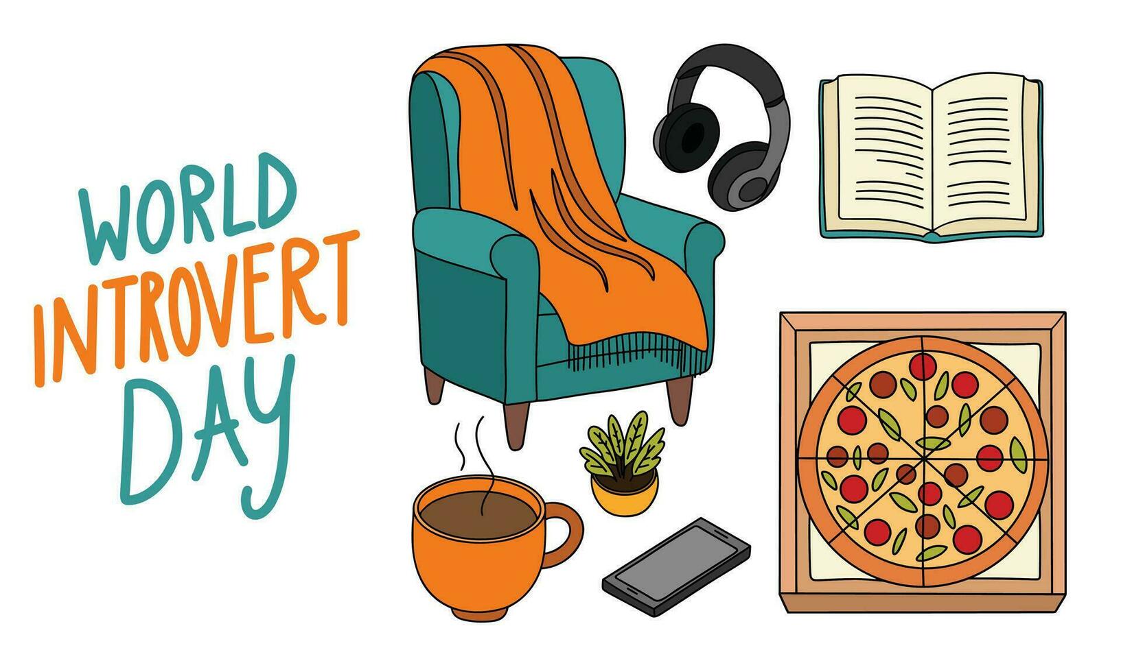 monde introverti journée bannière avec symbole de introverti. confortable fauteuil, casque de musique, livre, chaud boisson dans tasse, téléphone, Pizza dans boîte. ensemble de griffonnage introverti symbole avec contour. main tiré vecteur art.