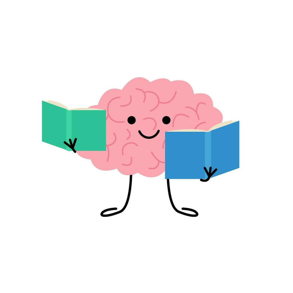 cerveau avec livre, mignonne enfant personnage pour connaissance, éducation. content cerveau en train de lire livre. vecteur illustration