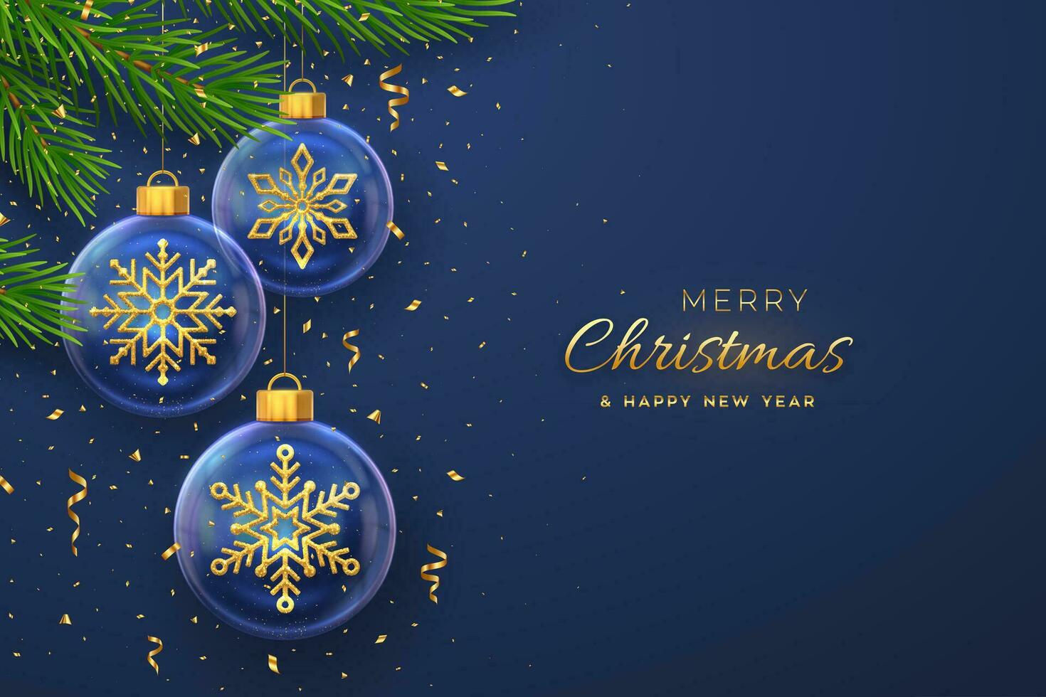 joyeux Noël salutation carte ou bannière. pendaison transparent verre des balles avec d'or flocons de neige à l'intérieur, pin branches sur bleu Contexte avec or chute confettis. Nouveau année 3d. vecteur illustration.