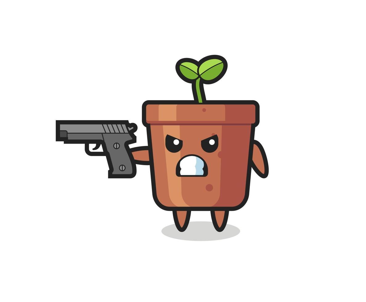 le personnage de pot de plante mignon tire avec un pistolet vecteur