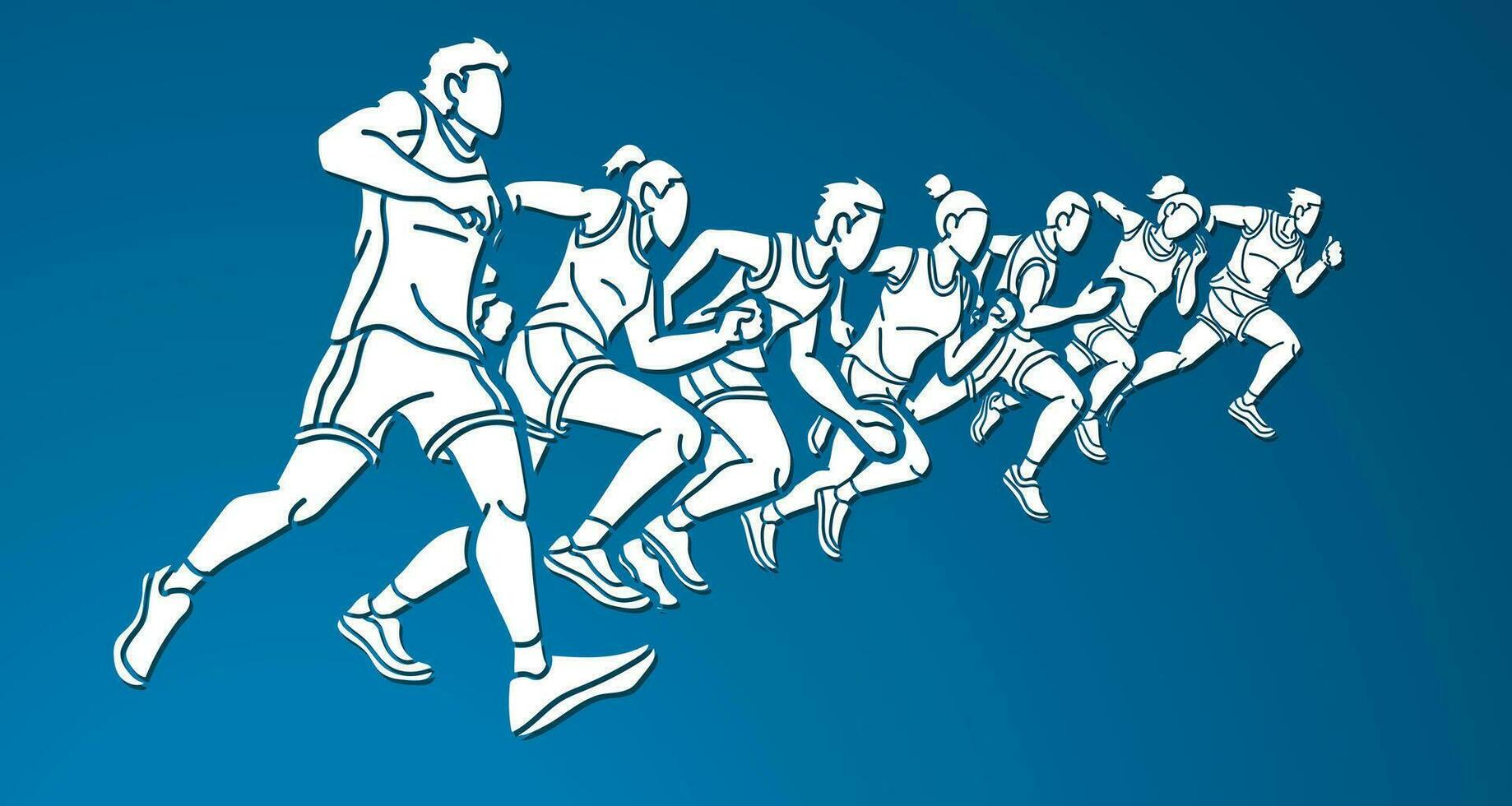 groupe de gens fonctionnement ensemble coureur marathon mélanger Masculin et femelle joggeur dessin animé sport graphique vecteur