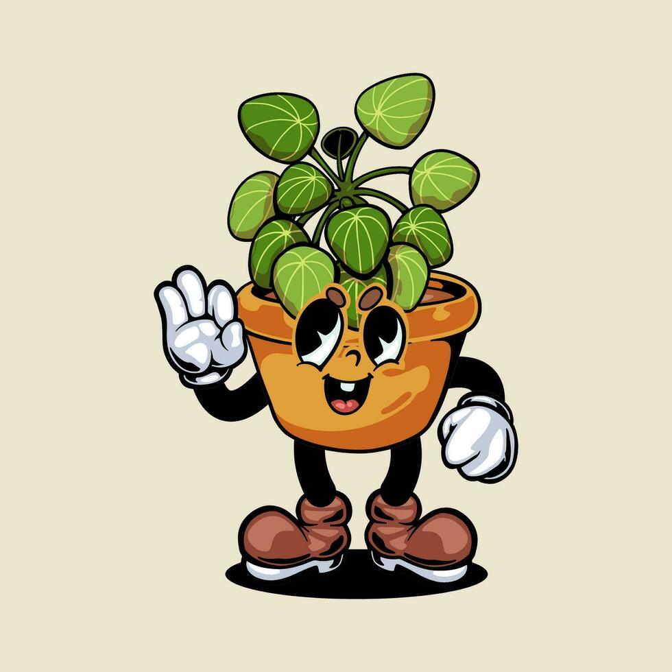 ancien style dessin animé personnage plante pot illustration. vecteur