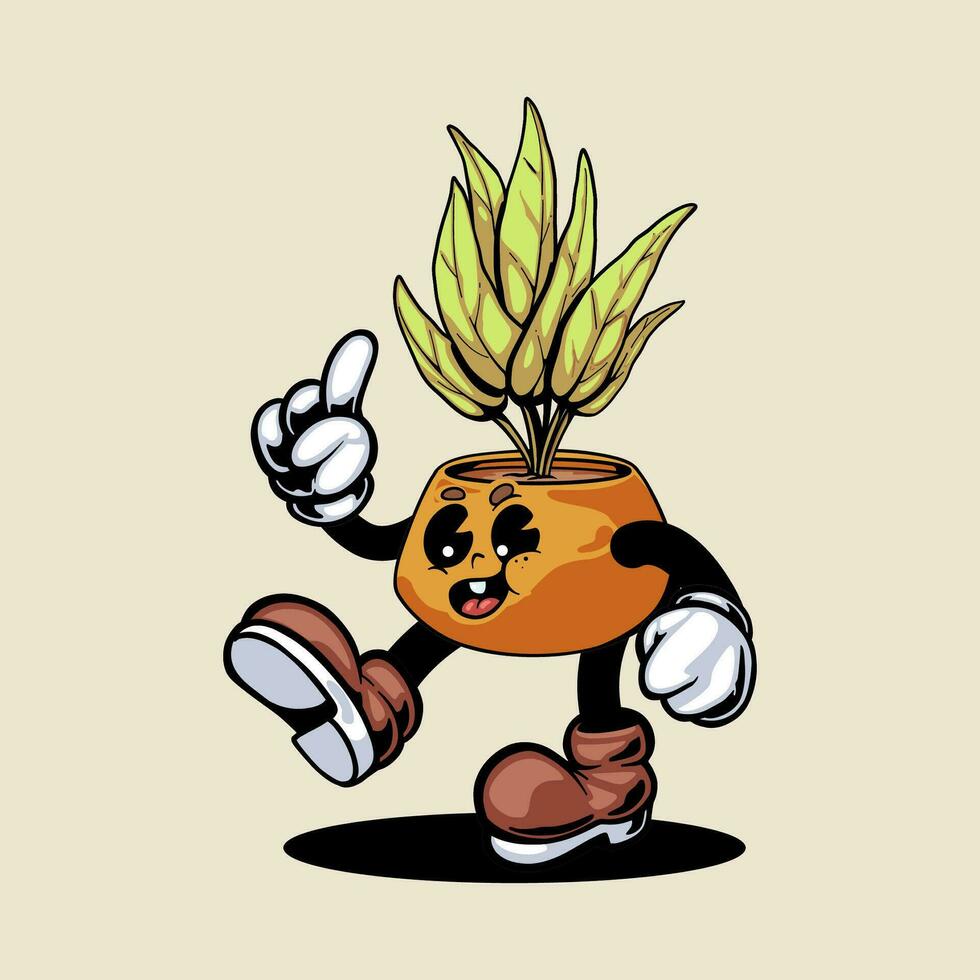 ancien style dessin animé personnage plante pot illustration. vecteur