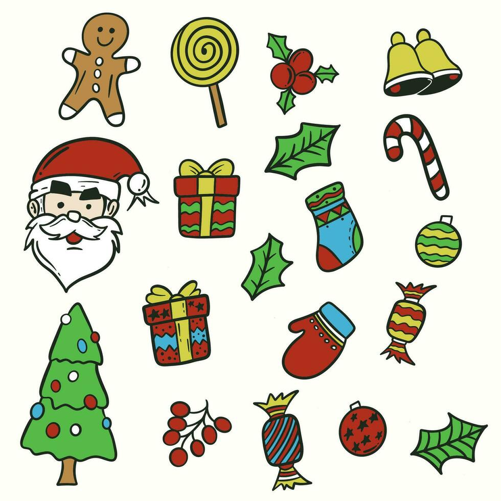 ensemble collection main dessiner Noël éléments clipart avec arbre, bonhomme de neige, gnome, cadeau, Père Noël, renne et floral sur blanc Contexte. vecteur