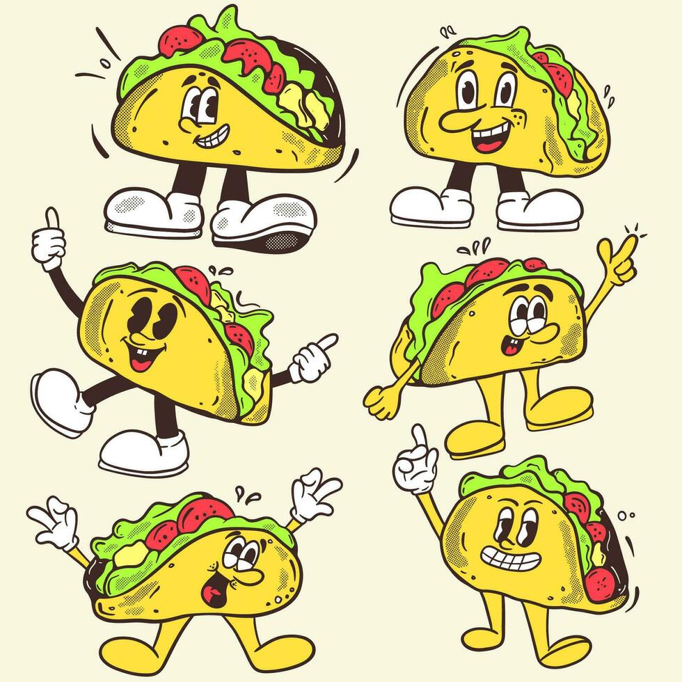 taco dessin animé mascotte rétro illustration main dessiner collection ensemble vecteur